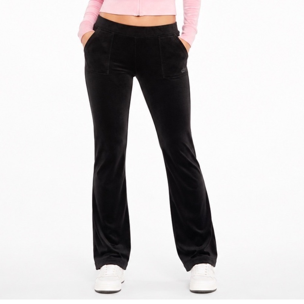 Juicy Couture Black Velour Track Pants Y2K Velvet Crown Logo Size Medium 2000s